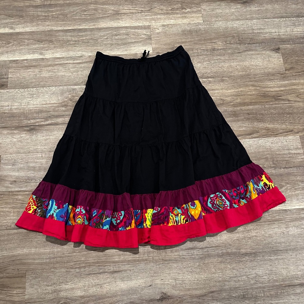 Red Ranch 100% Cotton Tiered Peasant Skirt Women's XL Black Boho Western Prairie